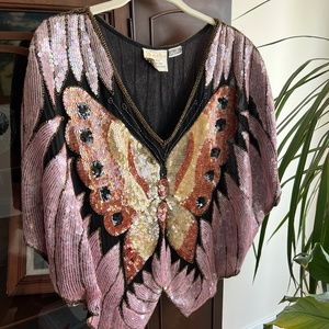 Pristine Vintage Butterfly Sequined Silk Top 1970’s Dominique